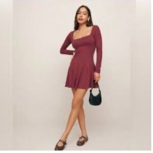 Reformation Wine Long Sleeve Dress square neck size Large nwt